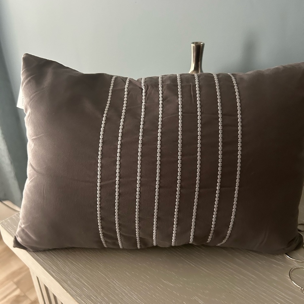 Elegant Gray Decorative Pillow, New with white accents, 16x12